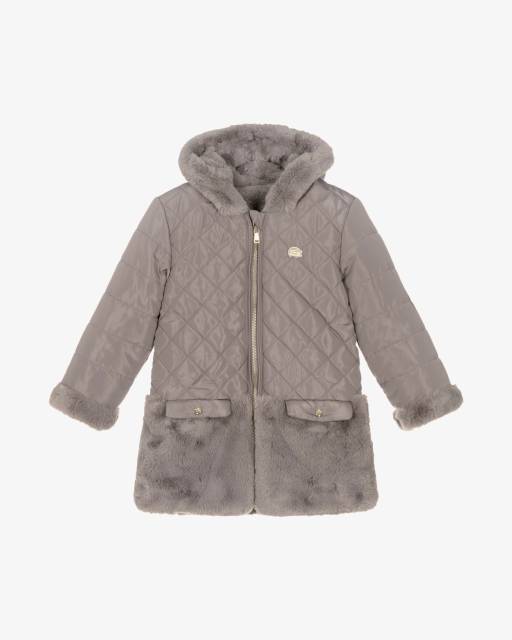 Tartine et Chocolat-Girls Taupe Quilted Fur Coat | Childrensalon Outlet