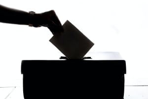 Eine Person wirft ihren Stimmzettel in die Box