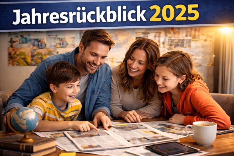 Ein KI-generiertes Bild, das eine Familie zeigt, die einen Rückblick auf das Jahr 2025 liest.