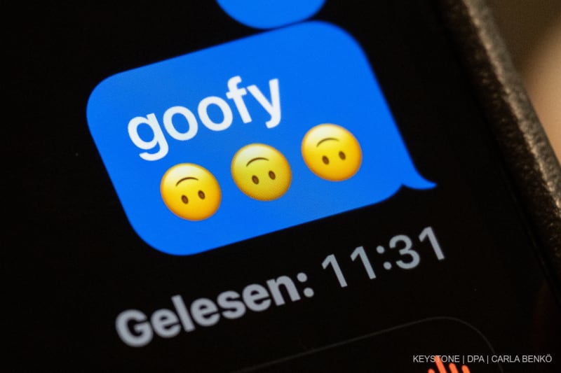 Im Display eines Smartphones ist in einem Chat-Verlauf das Wort ´goofyª (komisch, tollpatschig) zu lesen. ´Goofyª ist das ´Jugendwort des Jahresª 2023.