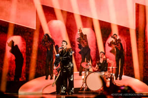 Die aserbaidschanische Band Mamagama singt den Song „Run With U“ bei der Generalprobe und Vorabshow des ersten Halbfinales beim 69. Eurovision Song Contest in Basel, Schweiz, am Montag, dem 12. Mai 2025.