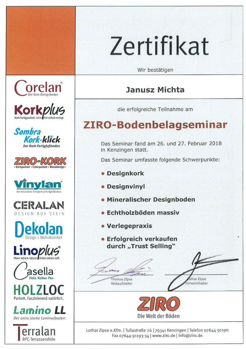 Zertifikat Janusz Michta ZIRO-Bodenbelagseminar