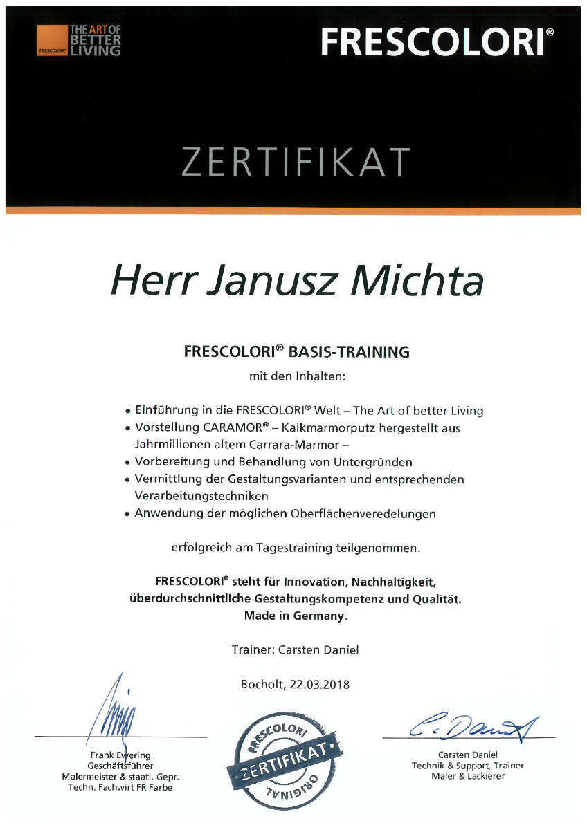 Zertifikat Janusz Michta Frescolori Basis-Training