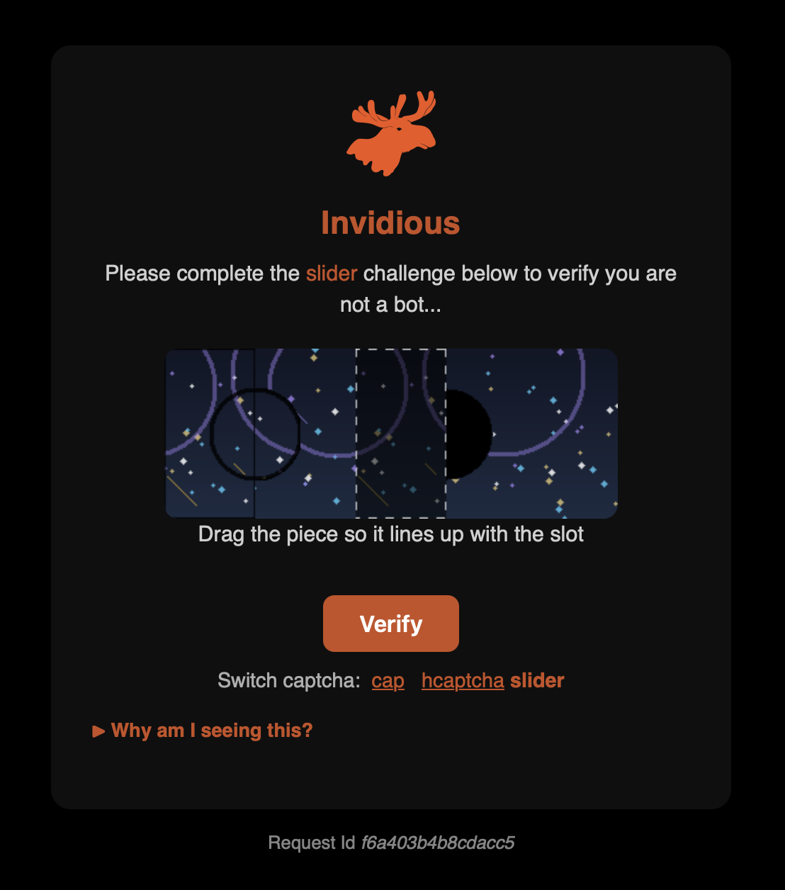The verifyngo captcha screen for Invidious displaying a slider with a pattern to solve