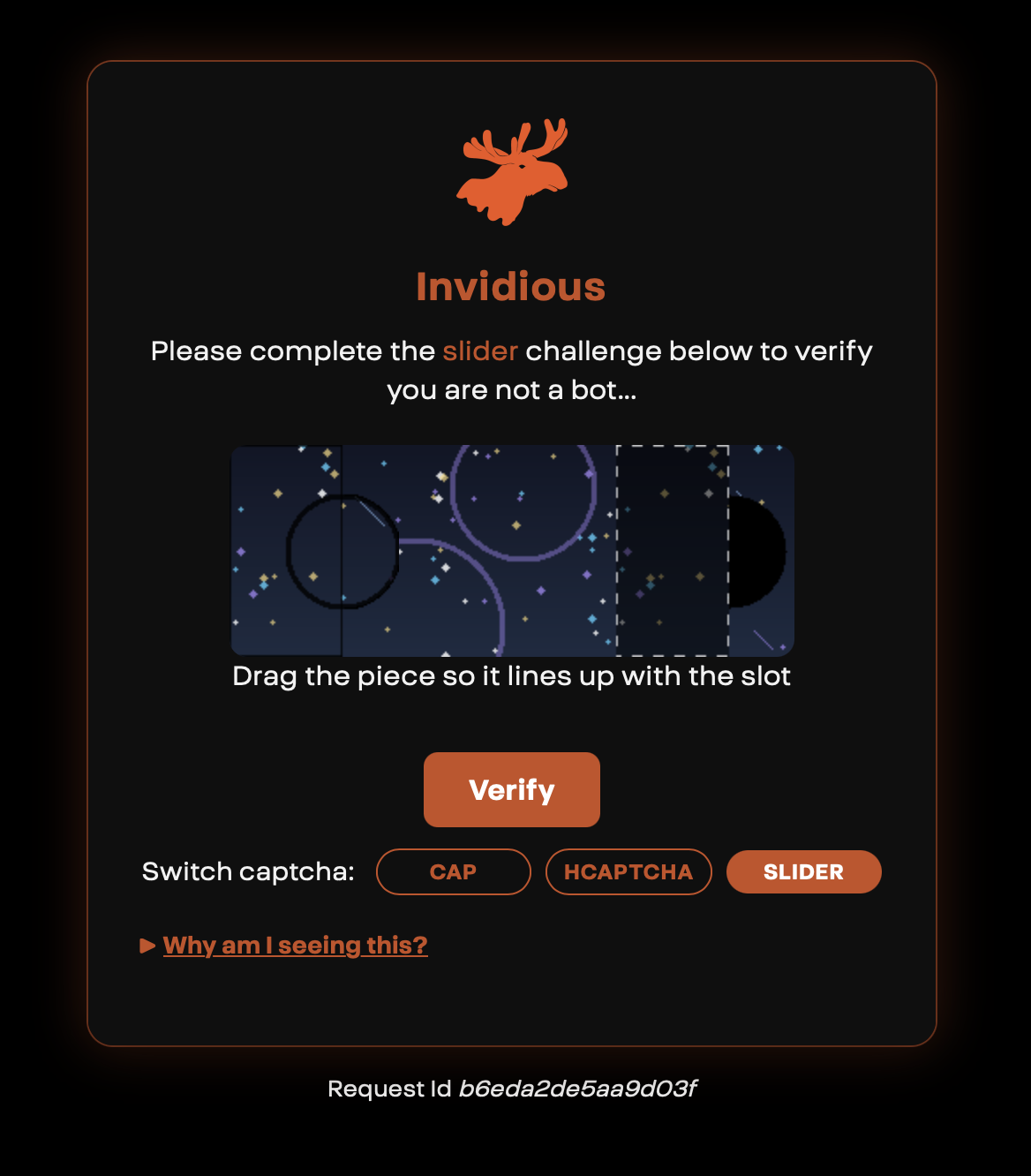 The verifyngo captcha screen for Invidious displaying a slider with a pattern to solve