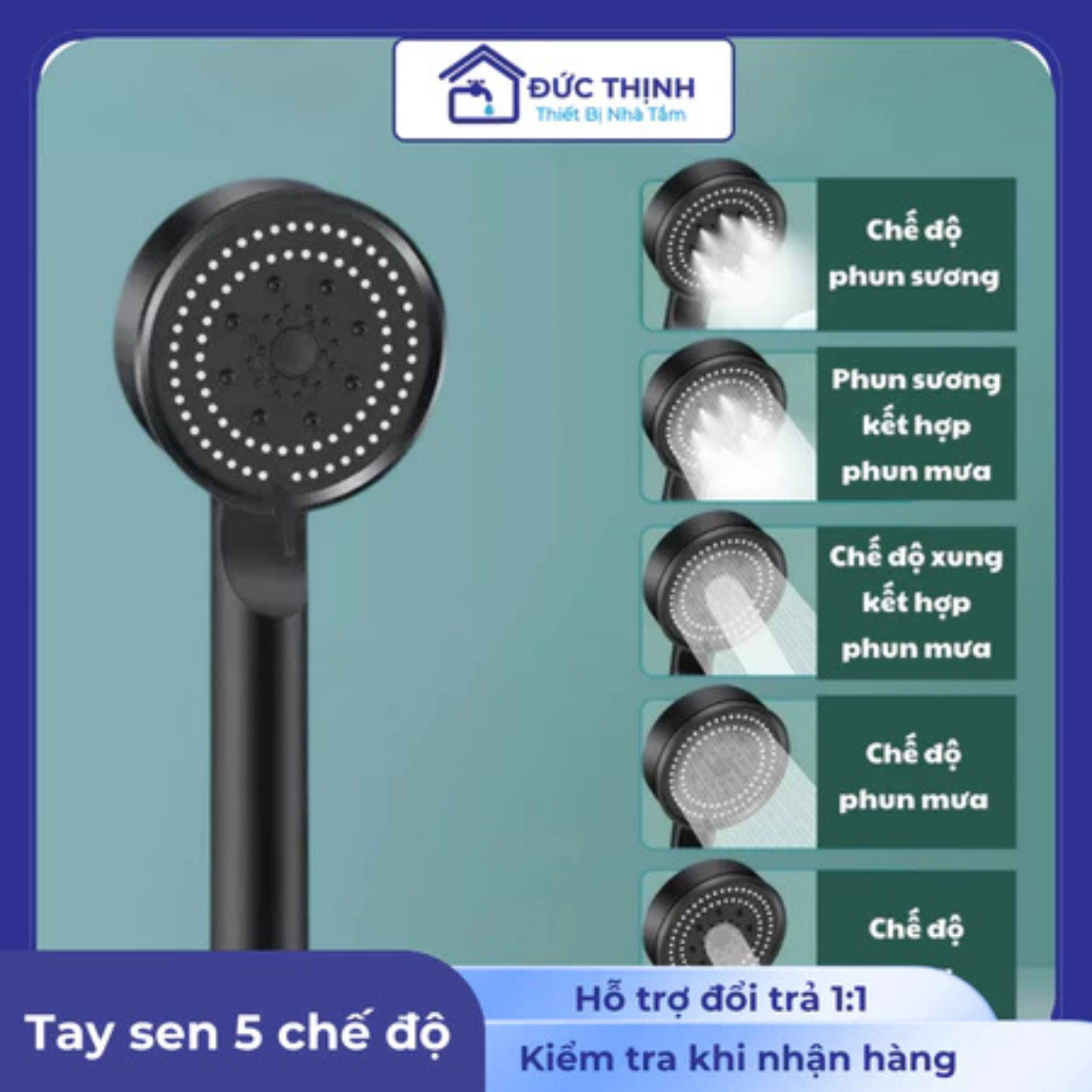 Bộ tay sen 5 chế độ nước, không nút bật tắt chất liệu nhựa PP cao cấp siêu bền bỉ