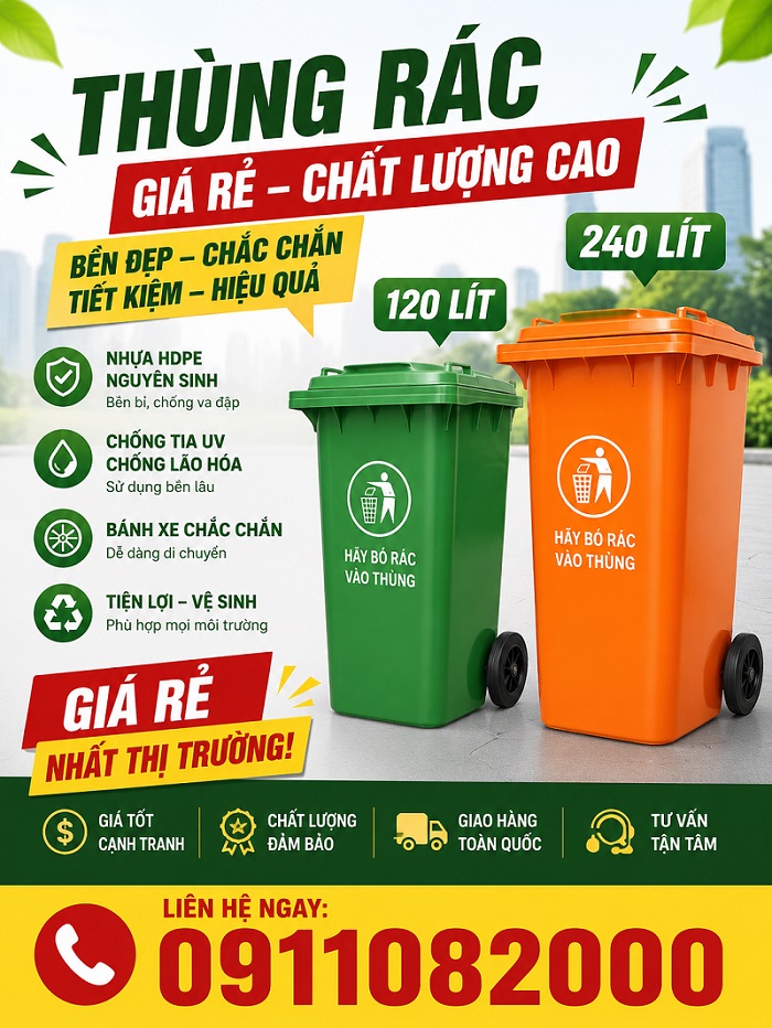 Cung cấp thùng rác nhựa HDPE 120 lít, 240 lít, 660 lít- hàng chất lượng giá rẻ tại cần thơ- lh 0911.082.000