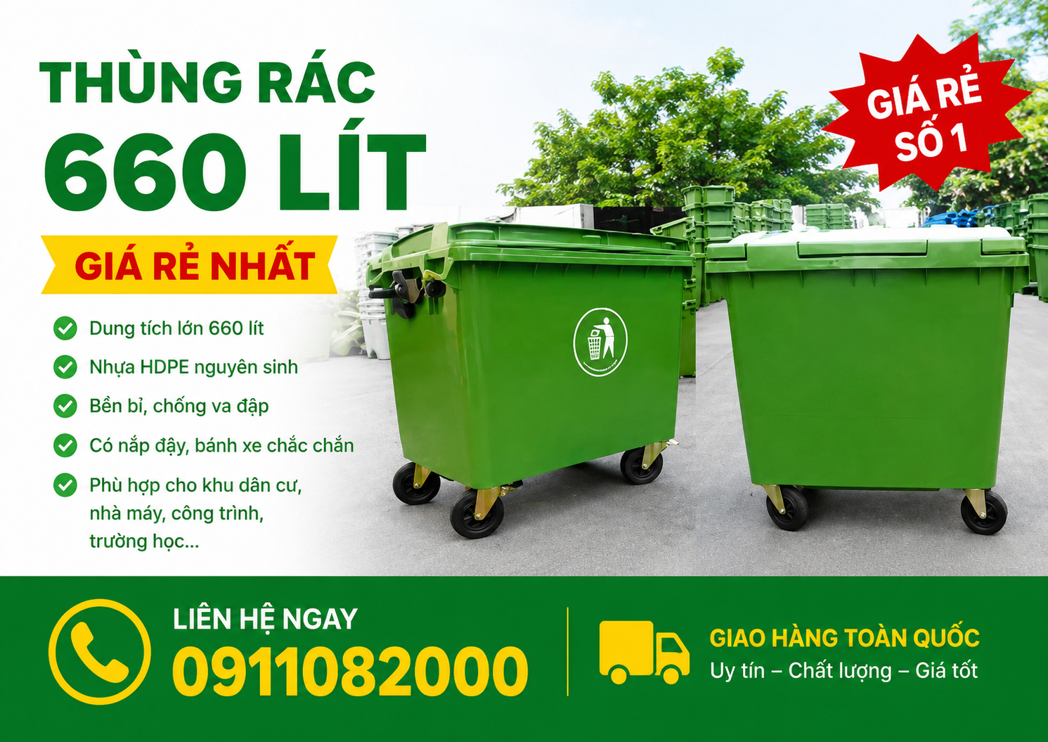 Cung Cấp Thùng Rác Nhựa Toàn Quốc Thùng Rác 120l – 240l – 660l Giá Tốt- lh 0911082000