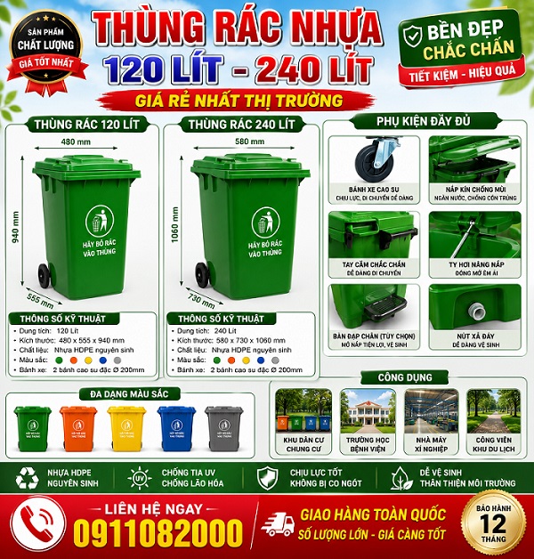 Giao hàng toàn quốc trong 24h- chuyên sỉ lẻ thùng rác 120L 240L 660l giá rẻ -lh 0911082000