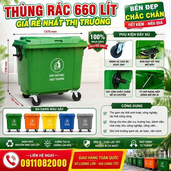 Giao hàng toàn quốc trong 24h- chuyên sỉ lẻ thùng rác 120L 240L 660l giá rẻ -lh 0911082000