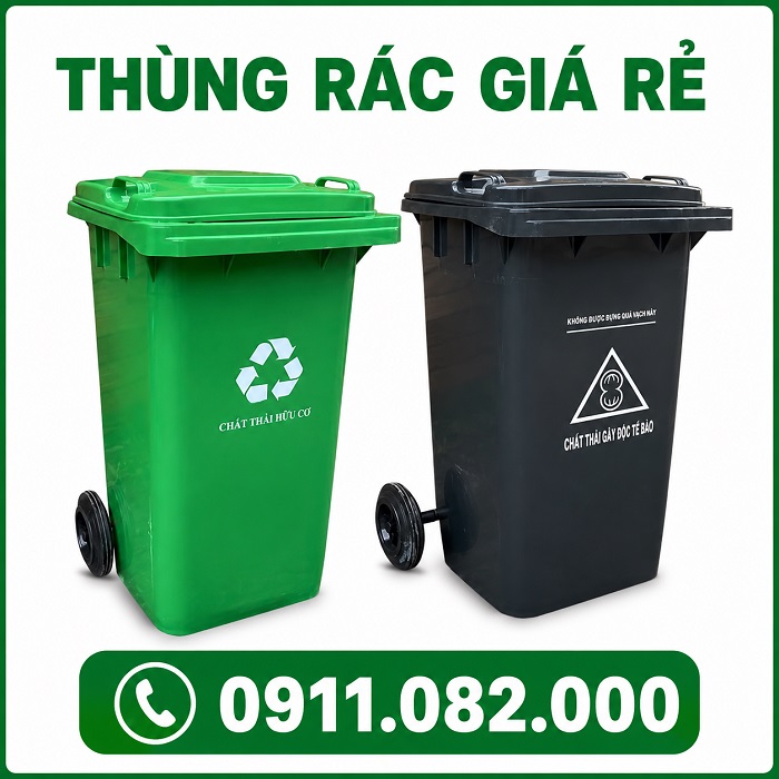 Thùng rác nắp kín màu xanh giá rẻ- thùng rác 120l 240l hàng chất lượng- lh 0911.082.000