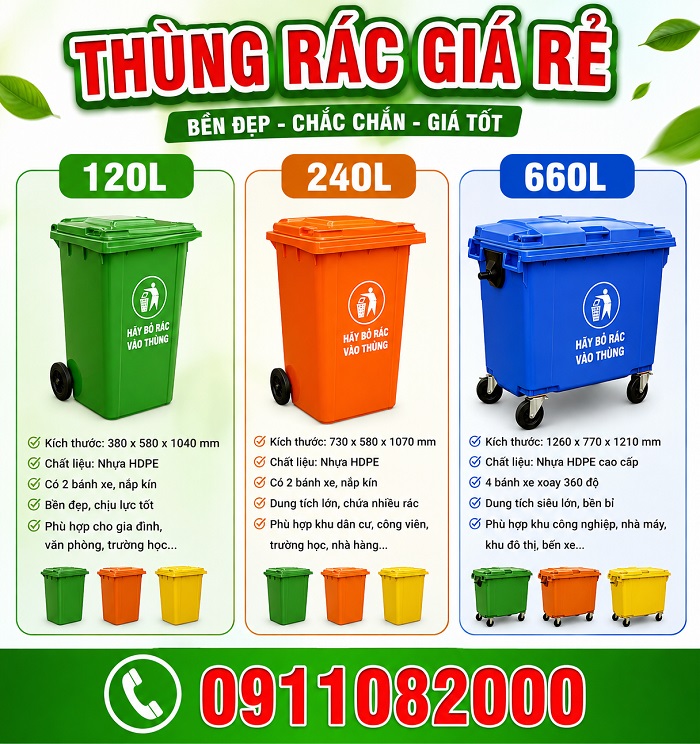 Giới thiệu nơi bán thùng rác giá rẻ, thùng rác 120L 240L 660L giá tốt- lh 0911082000