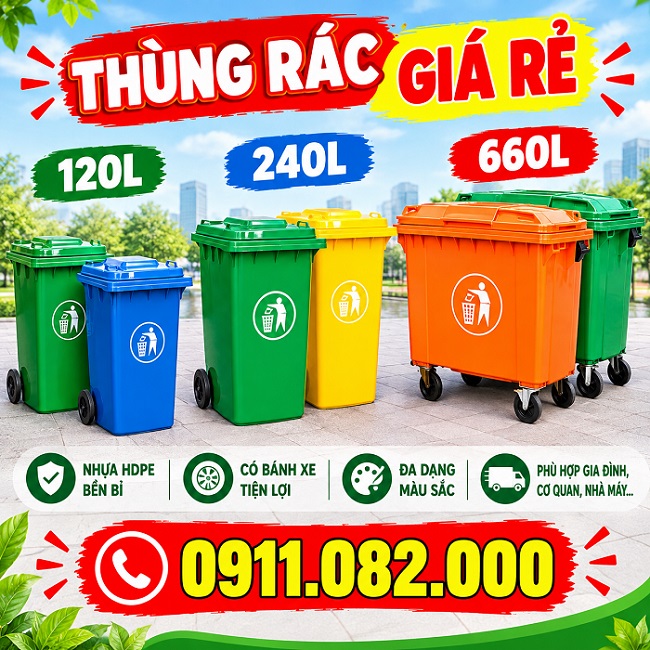 Các dòng thùng rác thông dụng bảo vệ môi trường- thùng rác 120L 240L giá rẻ- lh 0911082000