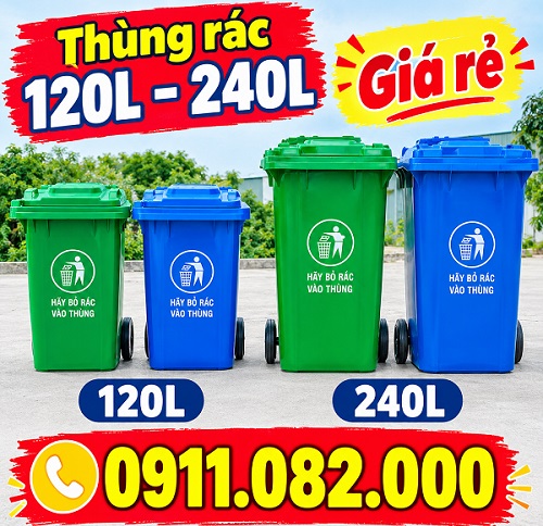 Giá thùng rác hiện nay 2026- thùng rác 240 lít màu xanh giá rẻ tại vĩnh long- lh 0911.082.000