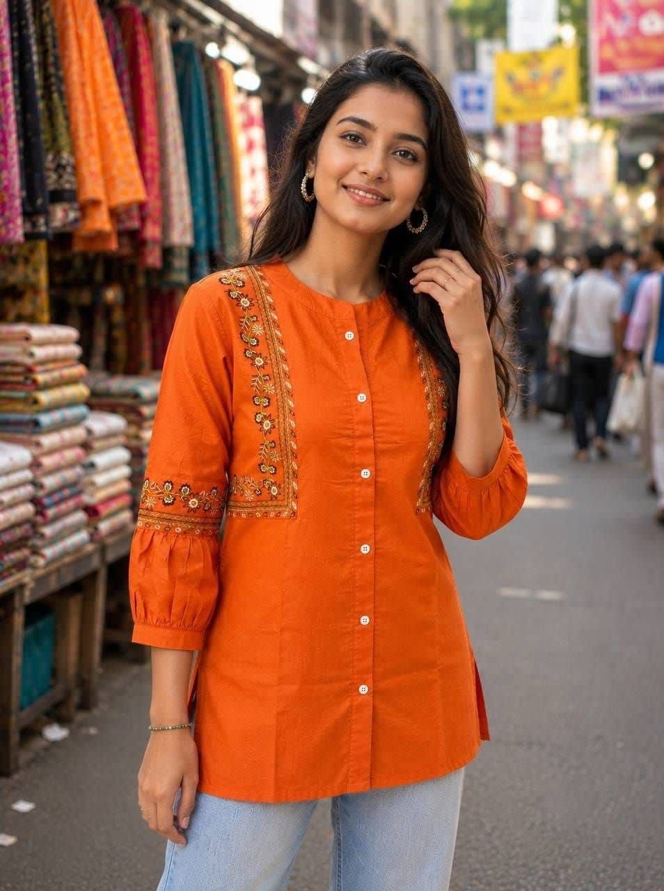 Women's Orange Cotton Embroidered Short Kurti | Casual & Office Wear