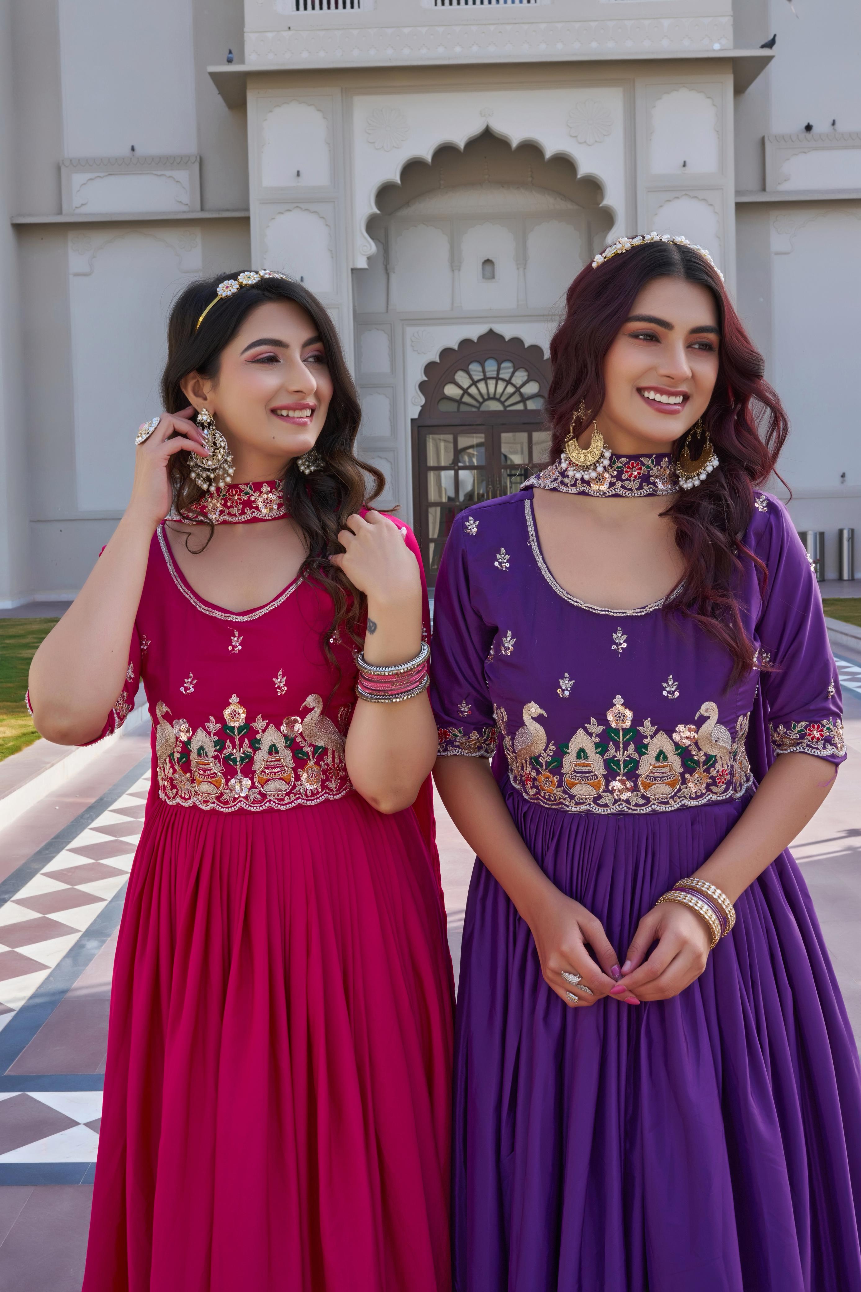 Festival Long Gown | Crep Silk | Bids Embroidery Work | Zyanira