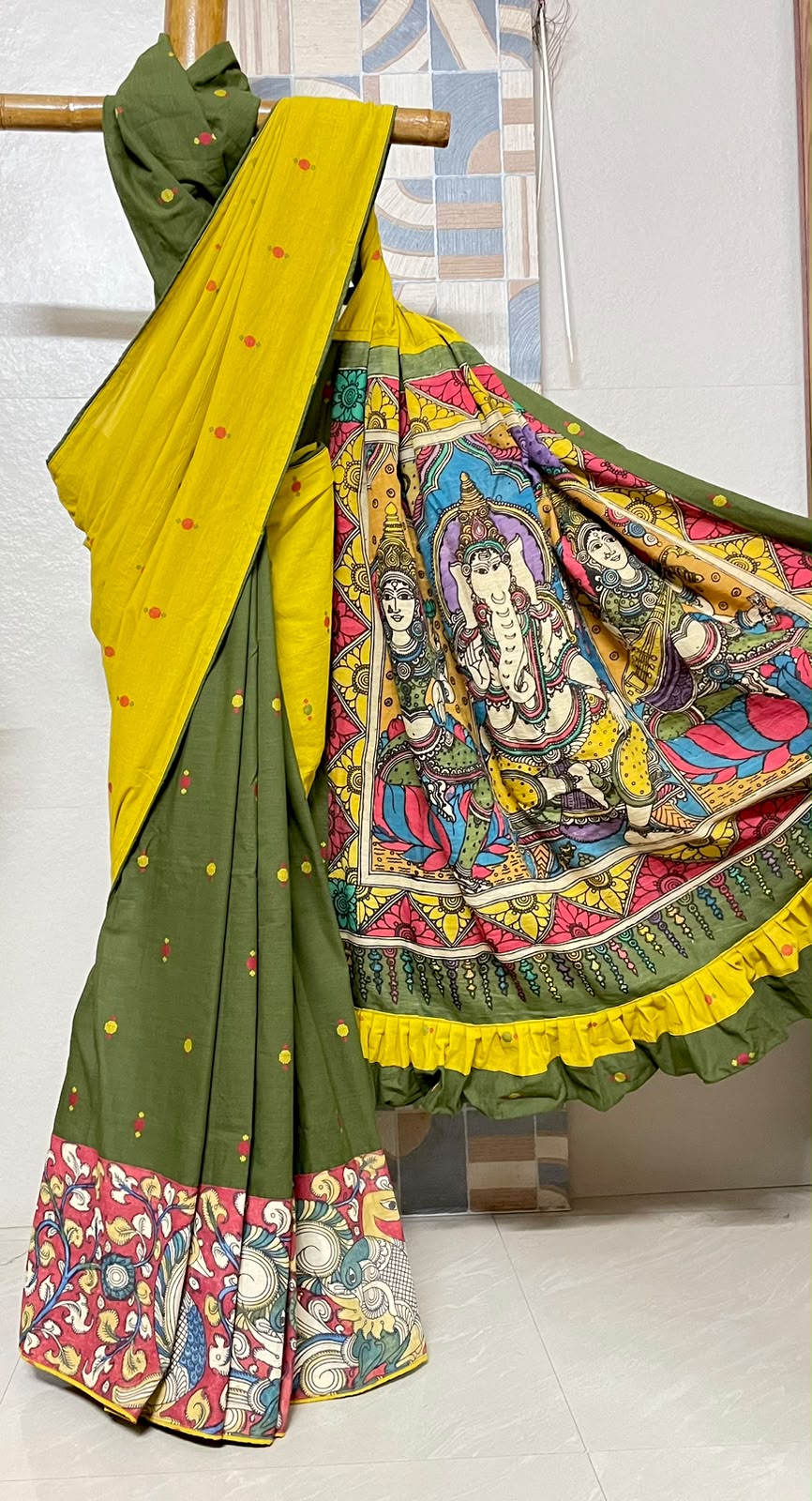 Green Cotton Saree | Kalamkari Work | Weaving Buta | Zyanira