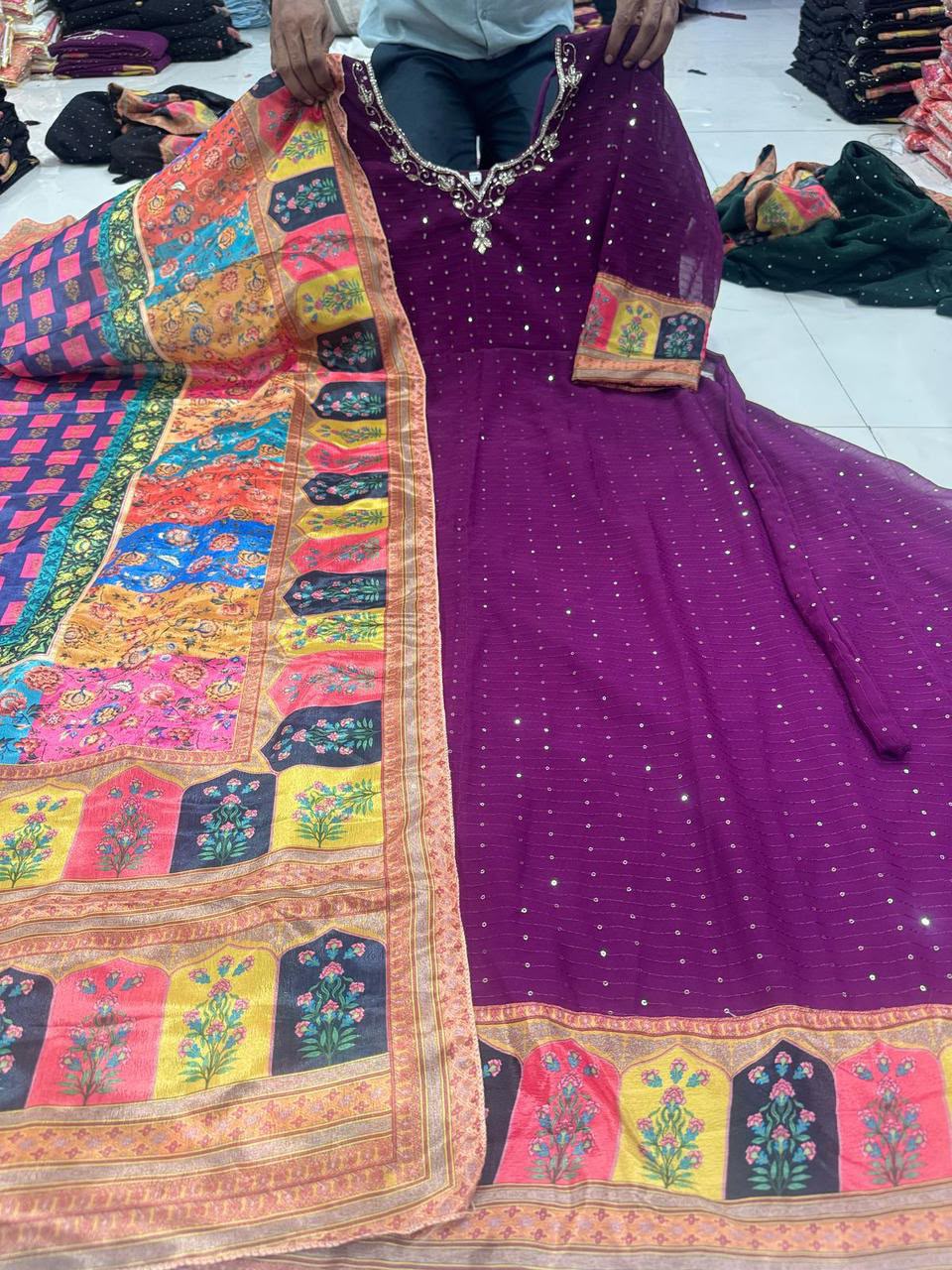 Georgette Sequence Work Wedding Gown with Chinon Silk Dupatta – Multi Color