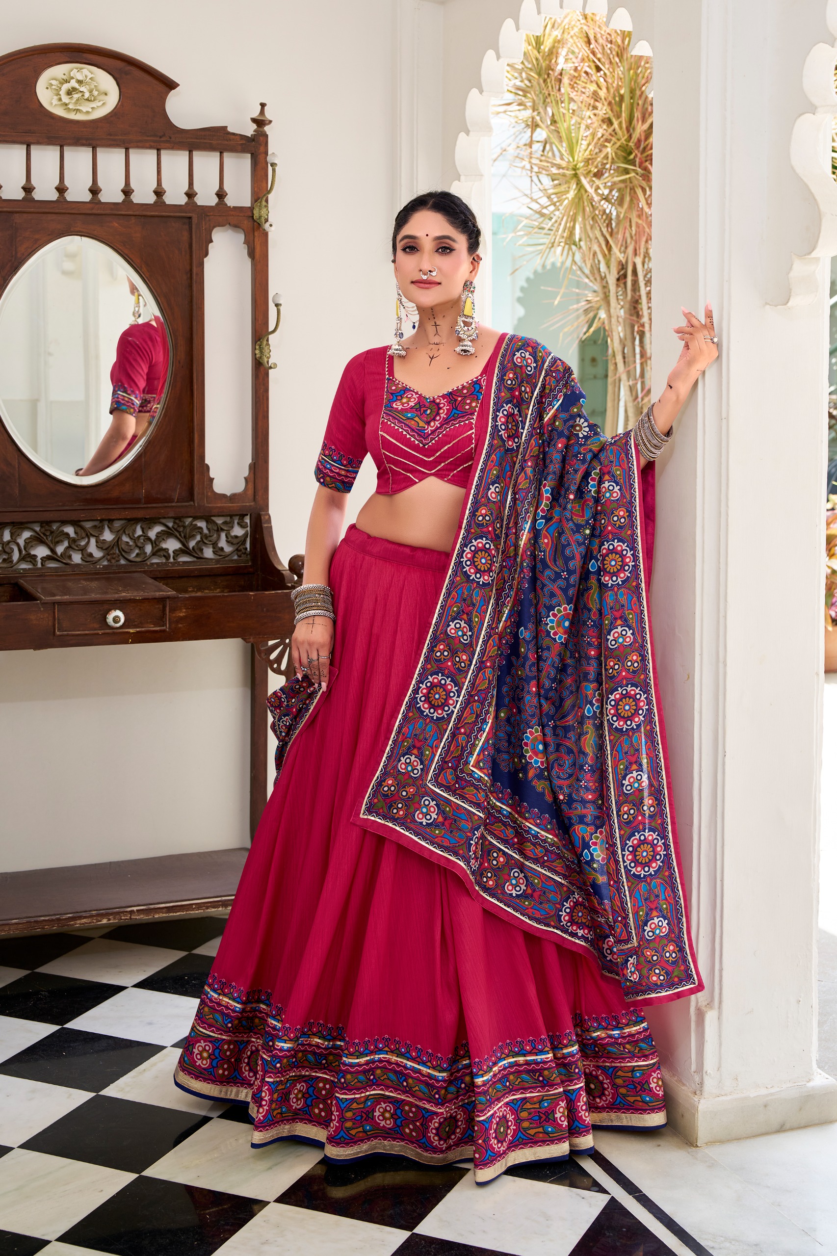 Tasar Silk Gamthi Print Lehenga Choli with Dupatta – Navratri Wear