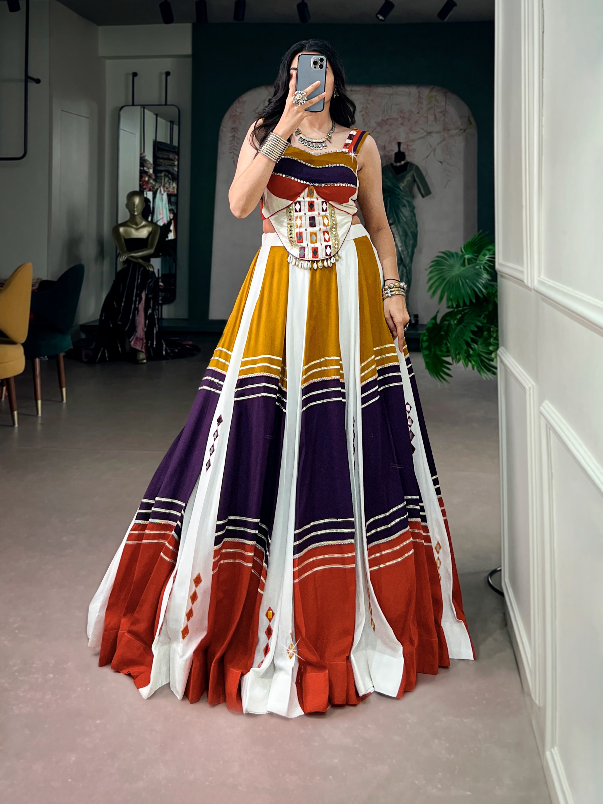 Rayon Mirror Work Lehenga Choli with Gota Patti & Tassels – Navratri/Garba Wear