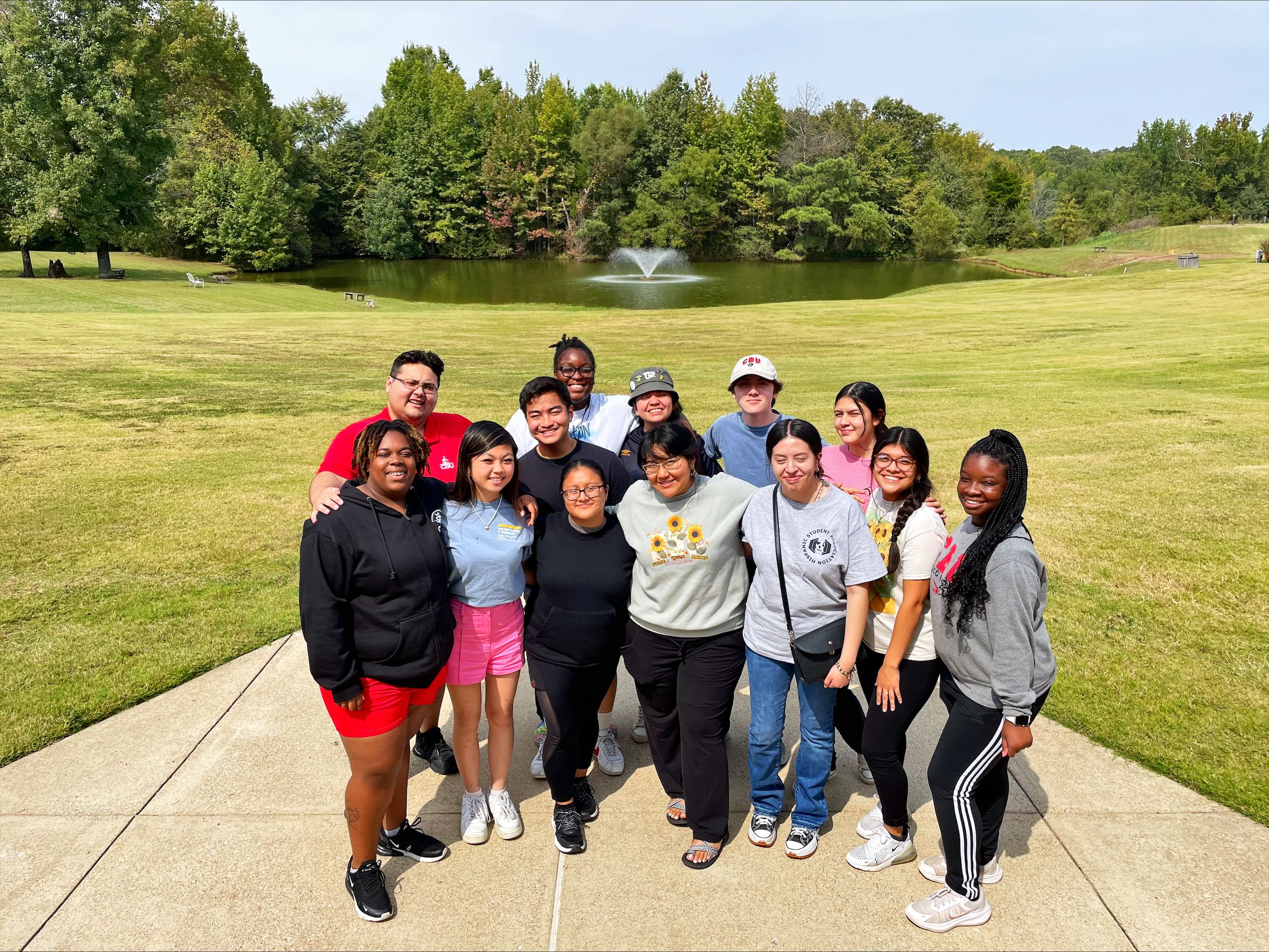 CBU Students gathered together outside at a Campus Ministry retreat,