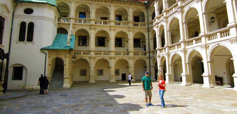 Students standing in a courtyard