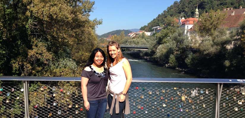 Students standing on a bridge