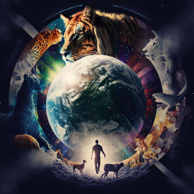 Edenic garden scene with humans tending animals and plants, symbolizing cultivation not exploitation