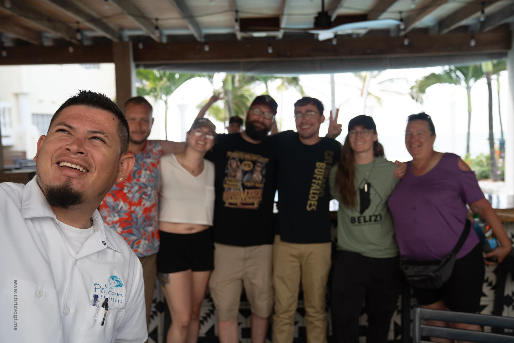 A staff member at Pelican Reef Villas took our group photo, but accidentally focused on him instead of us