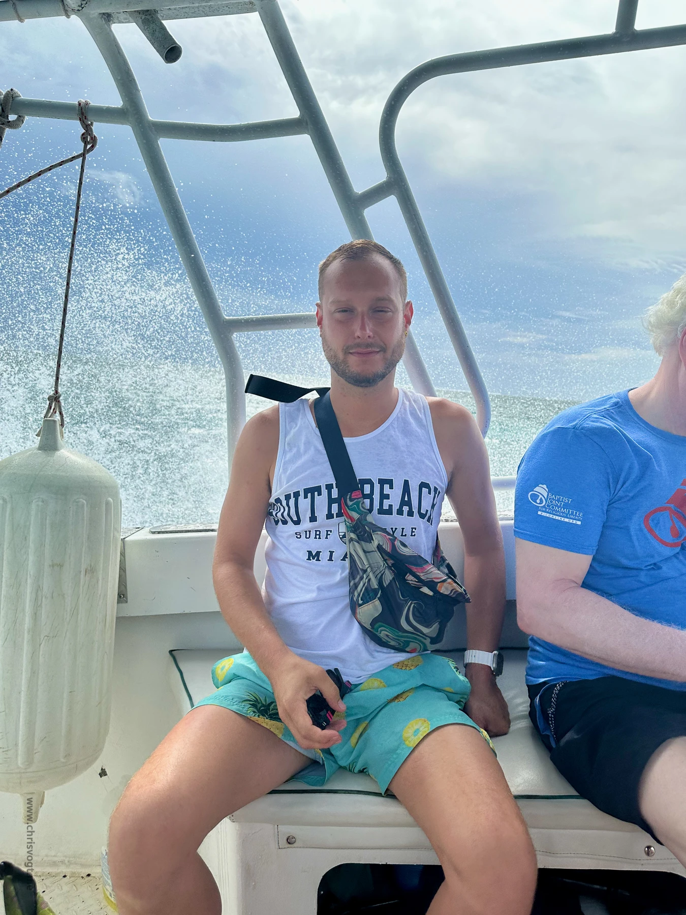 Me getting splashed with water in my face (and eyes) as we ride out to swim with sharks. Which secretly terrifies me.