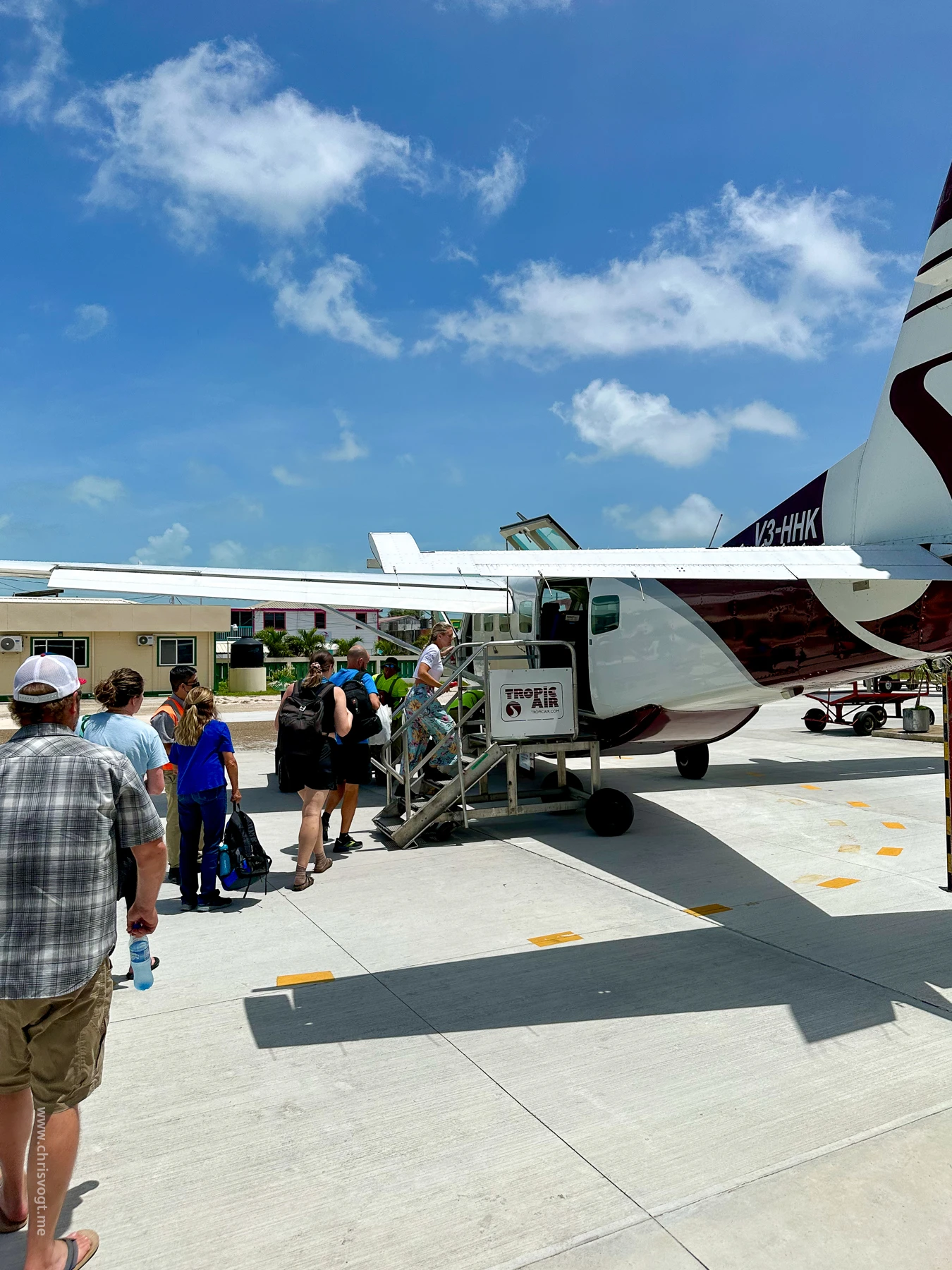 Boarding a Cessna 208B Grand Caravan in San Pedro to hop over to Belize City for our flight home.