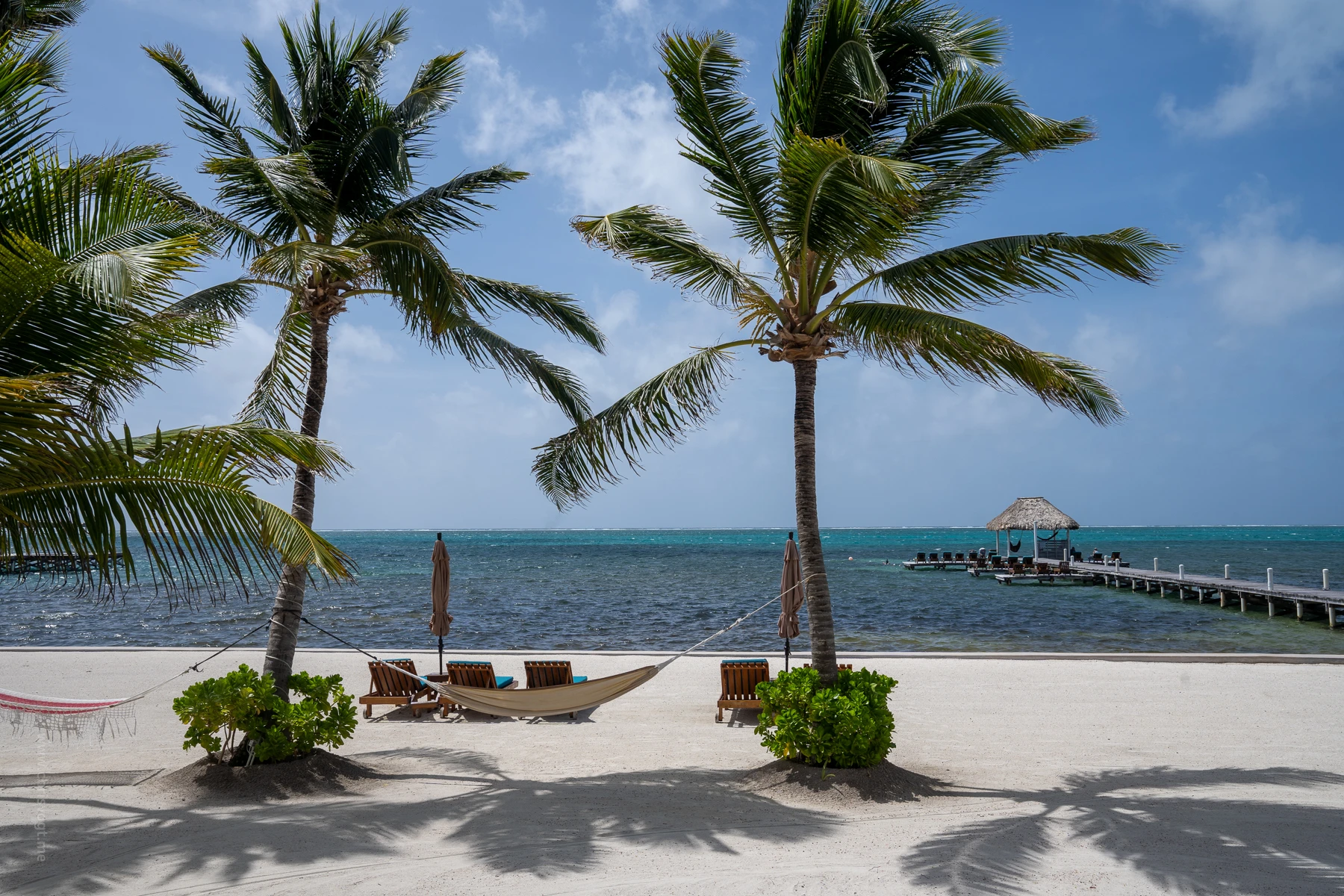 A hammock on the beach at Pelican Reef Villas, with the pier in the background