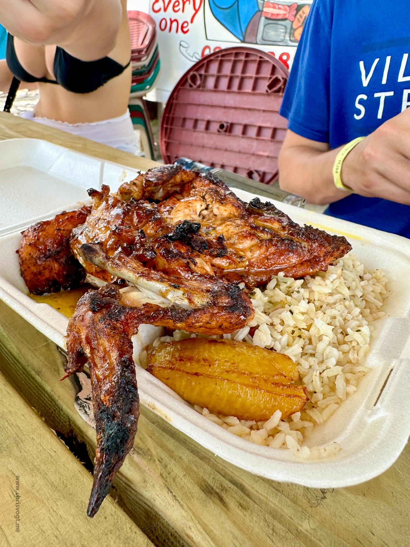 Nick got the chicken and plaintain plate at Betty’s Go Slow Grill in Caye Caulker, Belize.