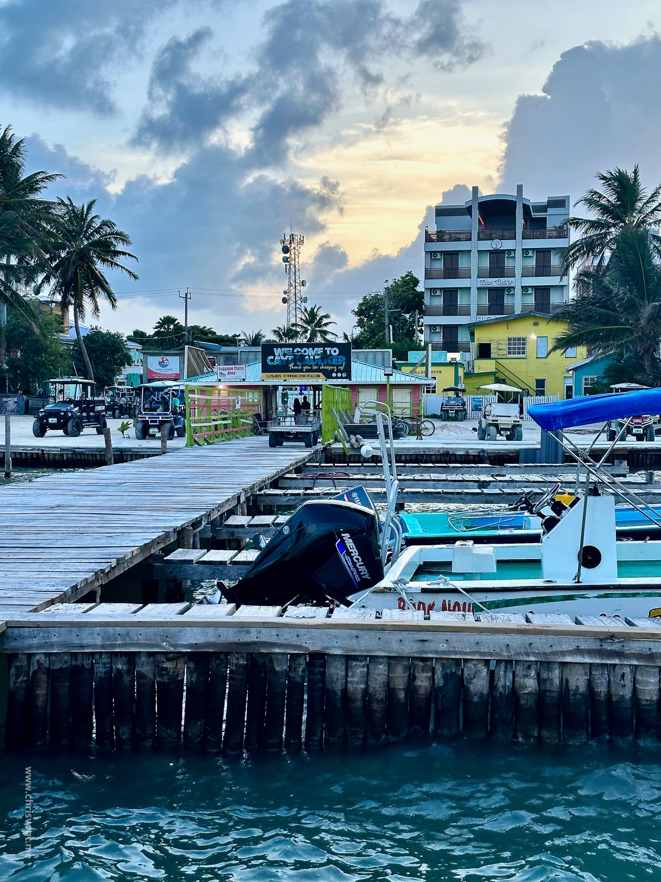 A row of boats docked at Caye Caulker, Belize.