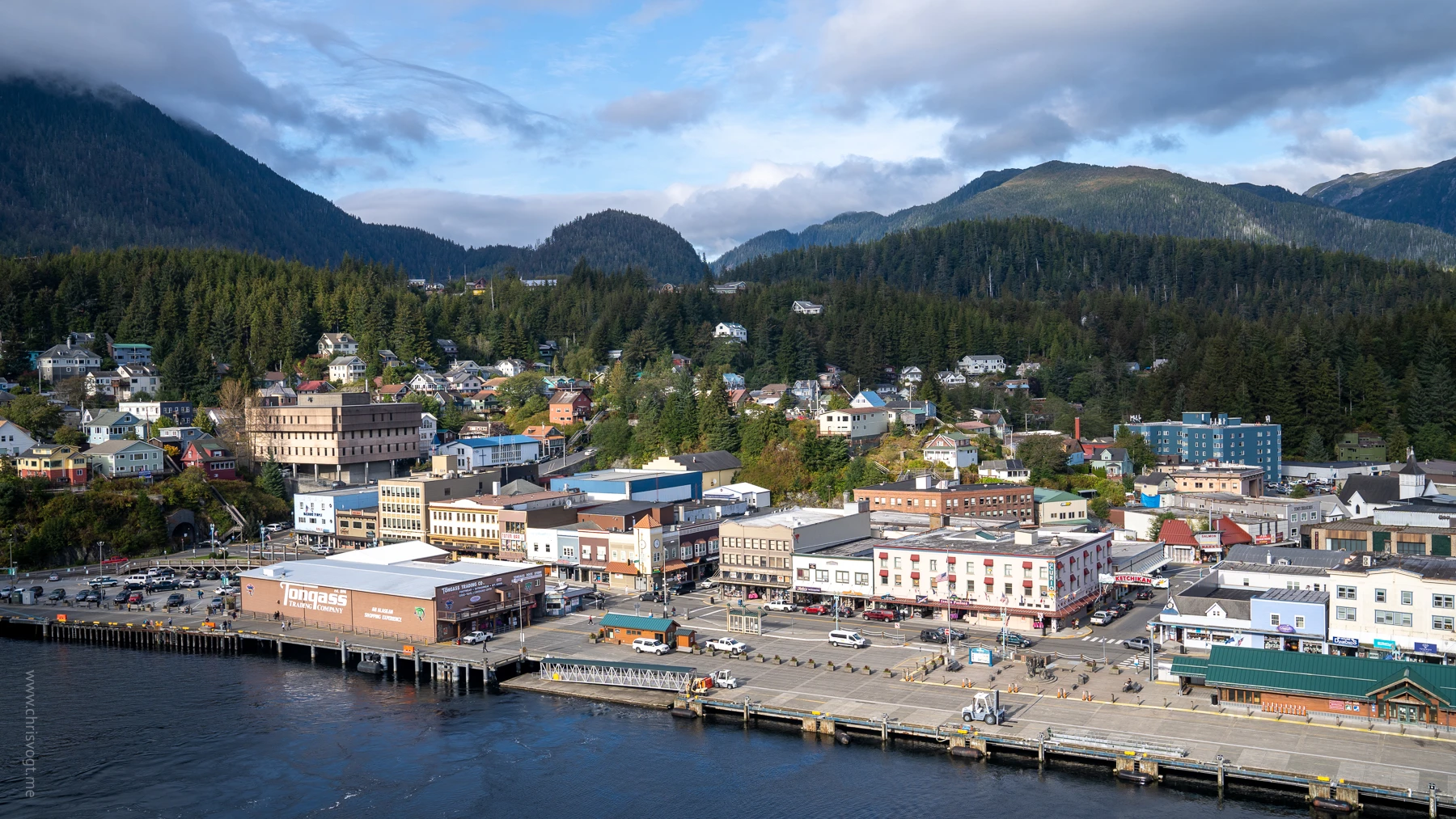 Zooming in to the city of Ketchikan from the ship