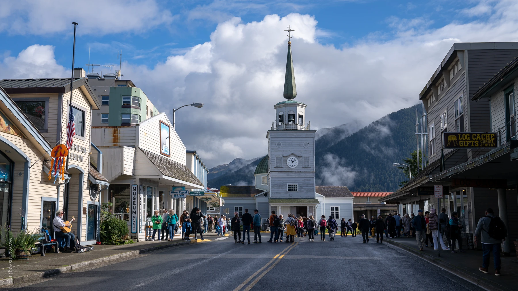 Looking down the street at St. Michael's Cathedral in Sitka