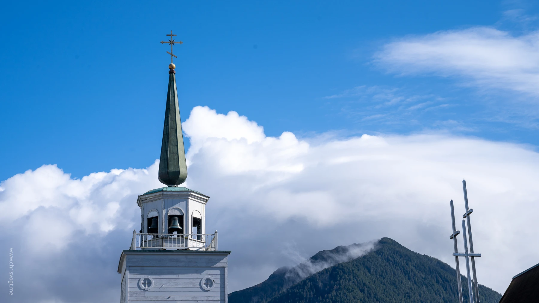 Zooming into the top of St. Michael's Cathedral in Sitka