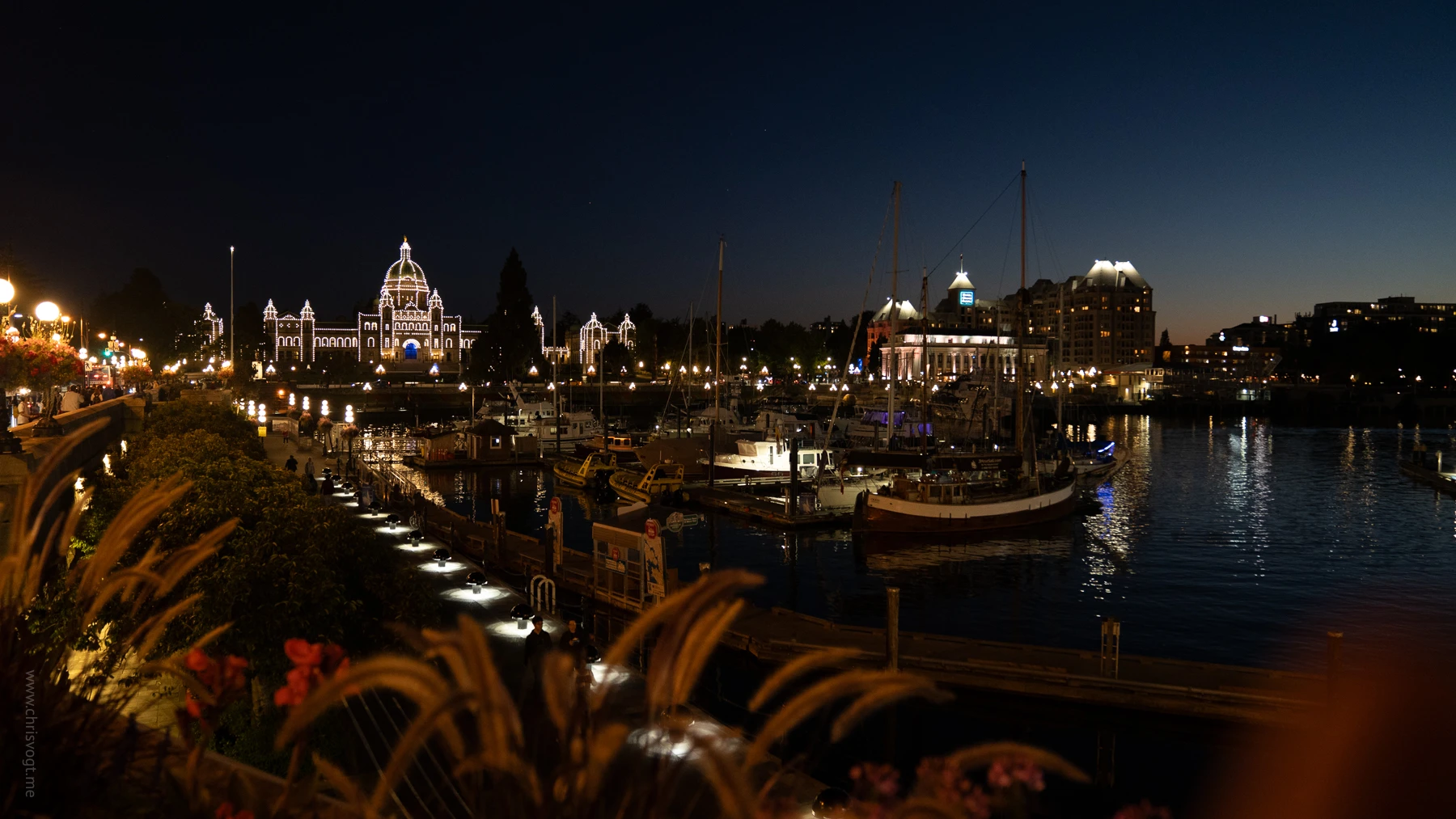 Looking at the harbor water at night in Victoria, Canada