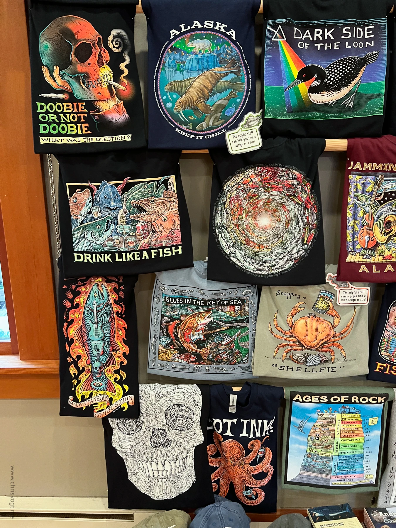 Surreal, fish-inspired shirts in a shop on Creek Street in Ketchikan