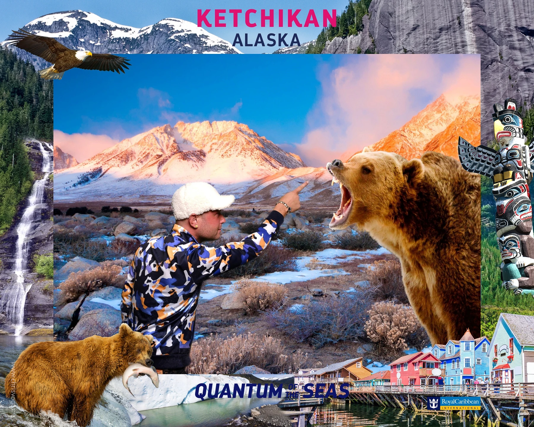 Me (Chris Vogt) giving a stern finger pointing to a large grizzly bear in Alaska... using a green screen on the Quantum of the Seas