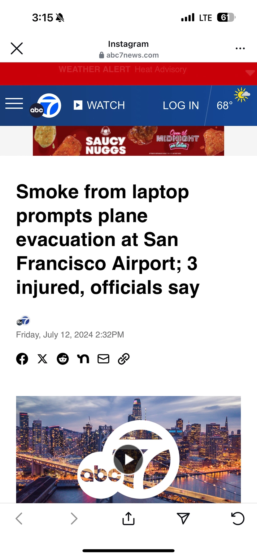Screenshot of an ABC7 News video describing the plane evacuation.