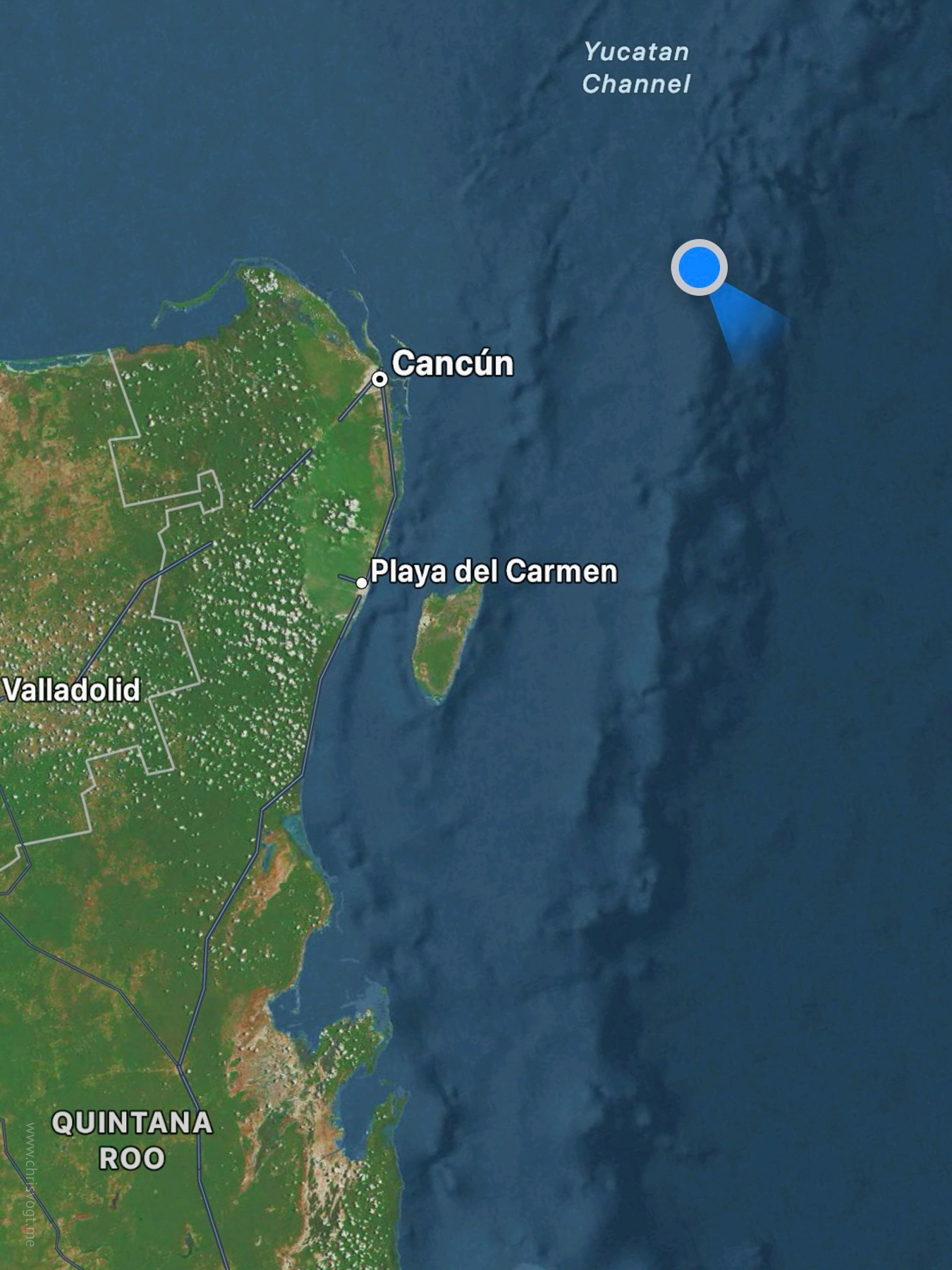 A screenshot of the Maps app showing my location in the Caribbean Sea.