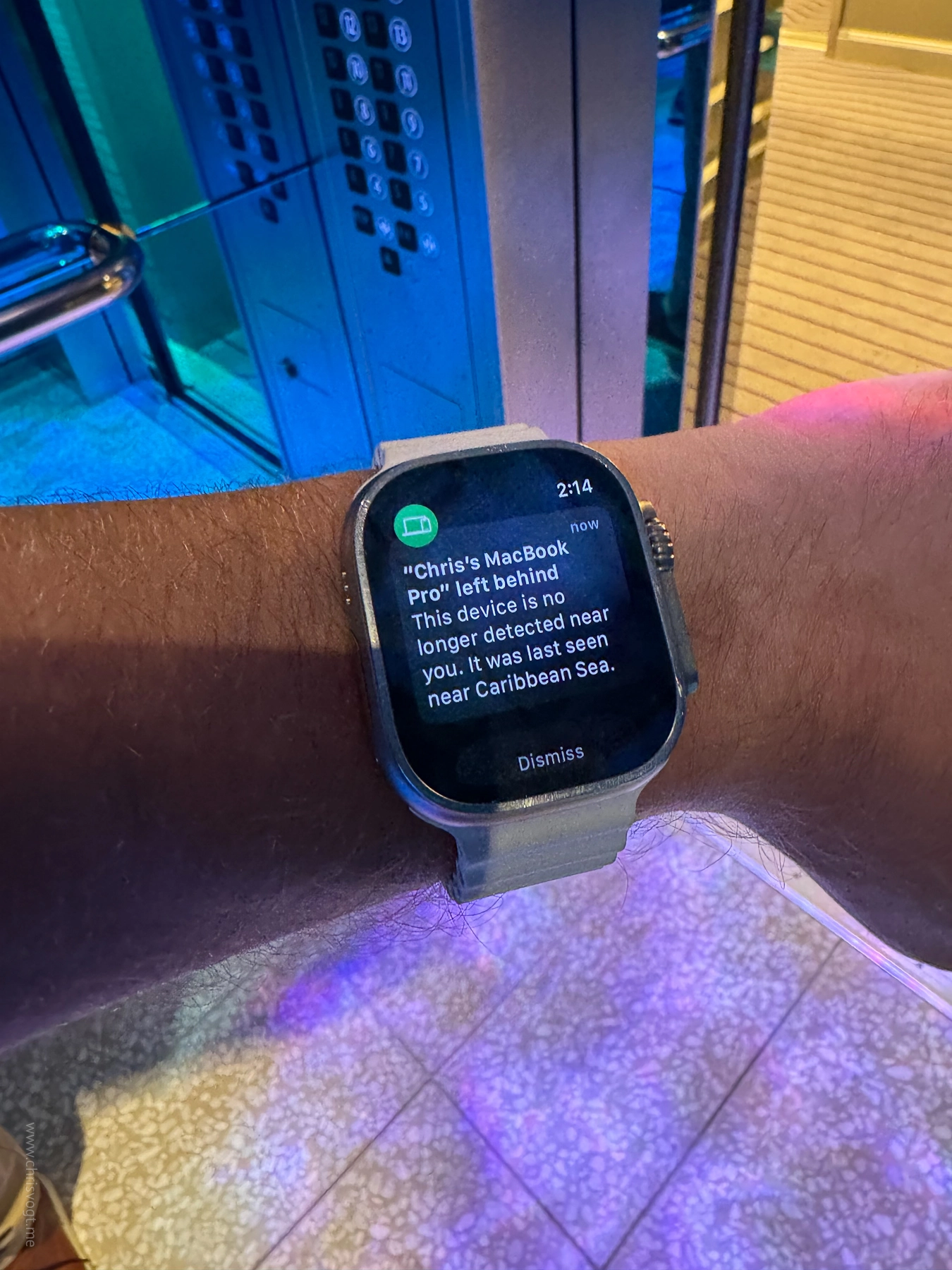 My watch alerting me that my laptop was last seen in the Caribbean Sea.
