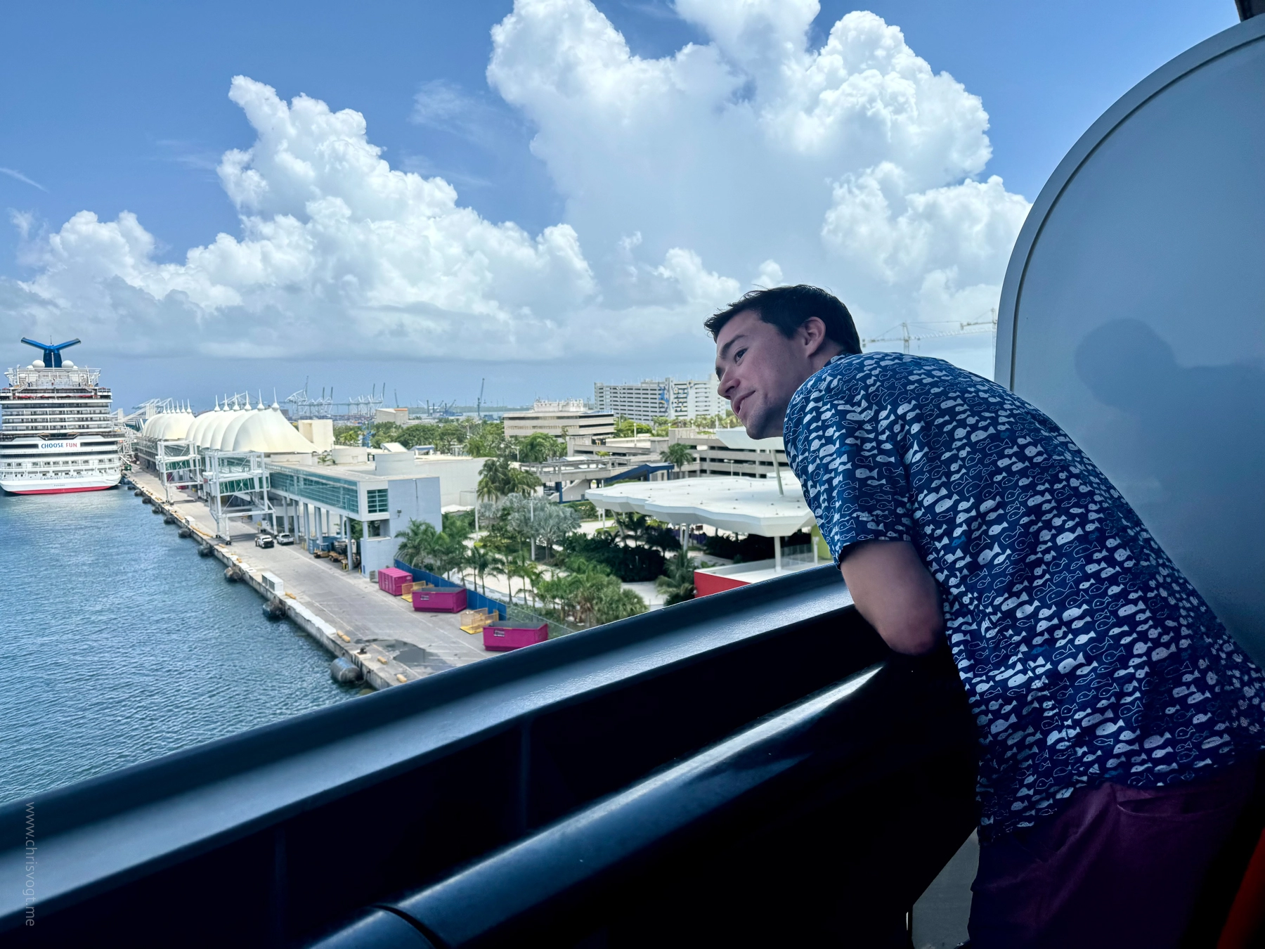 Nick scopes out the view from our terrace with the Virgin port in the background.