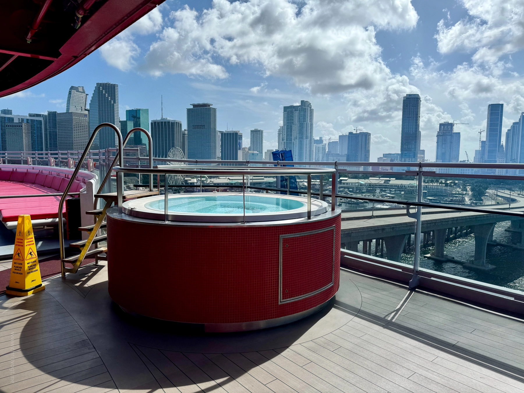 This was my favorite hot tub on the ship. On the top deck at the back. As we sailed away the Miami Skyline was behind it.