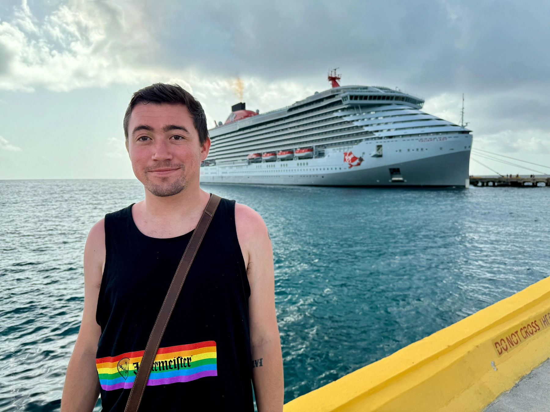 Nick standing in front of the Virgin Valiant Lady in Costa Maya, Mexico.