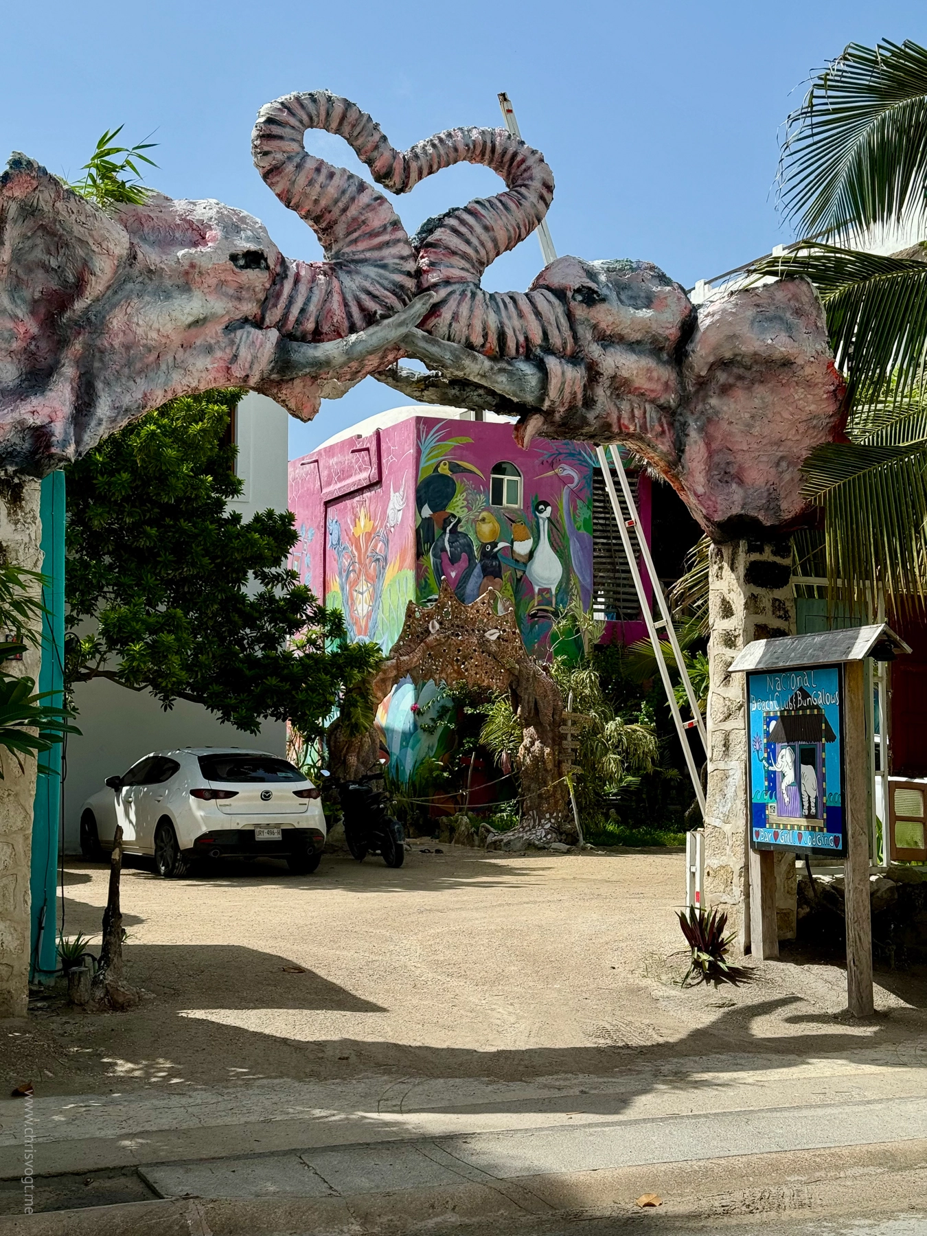 Elephants kissing at the entrance to a hotel in Mahahual, Mexico.