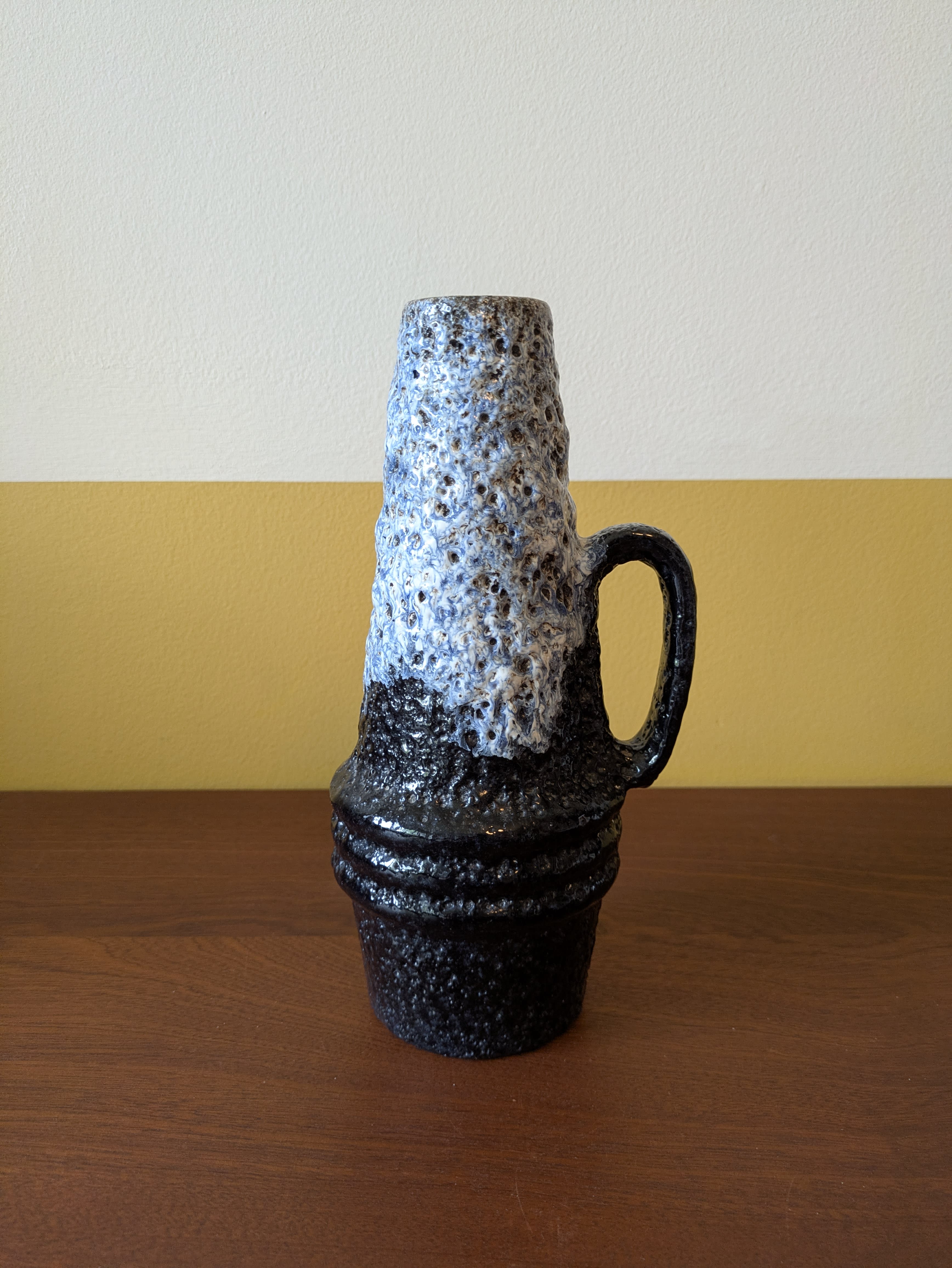 Vintage Scheurich West German blue volcanic fat lava drip glaze vase with handle 400-22