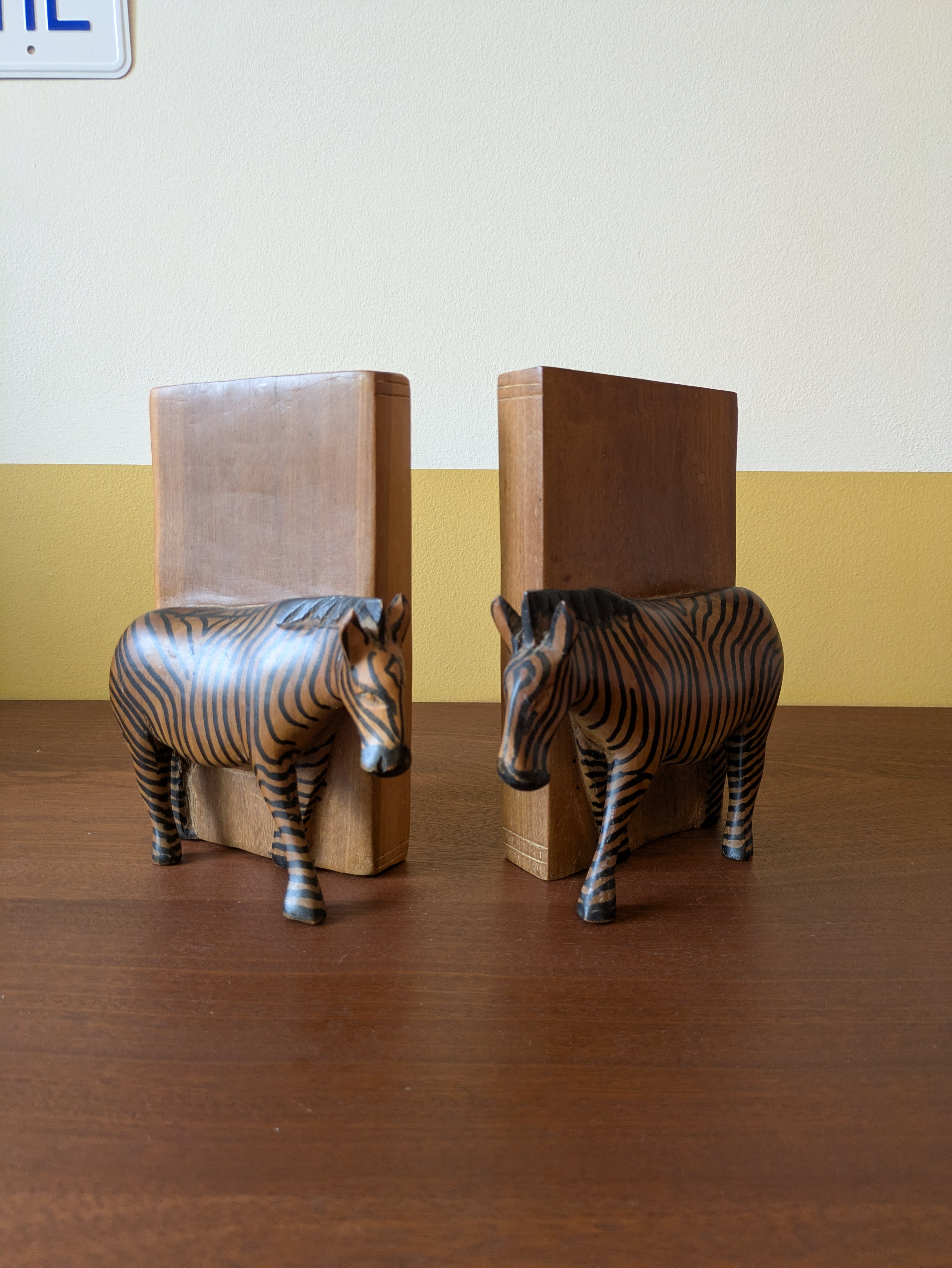 Vintage African hand-carved teak jacaranda wooden zebra bookends
