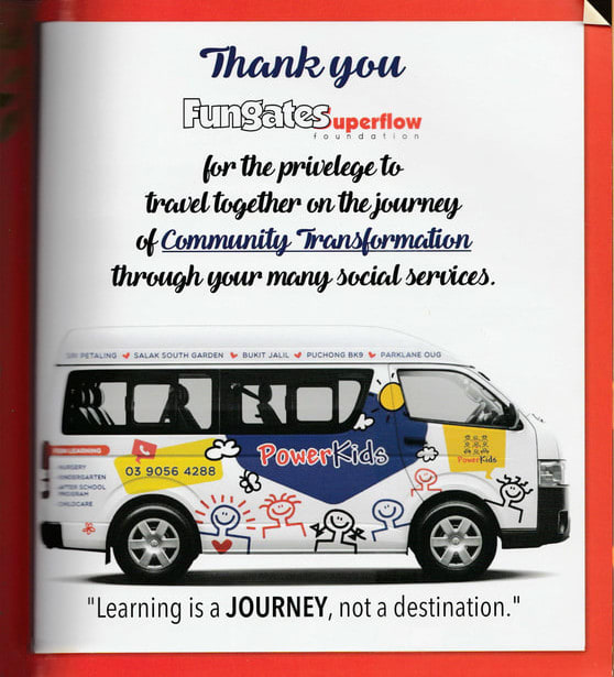 A booklet excerpt reading 'Thank you Fungates Superflow Foundation for the privilege to travel together on the journey of Community Transformation through your many social services.' from PowerKids